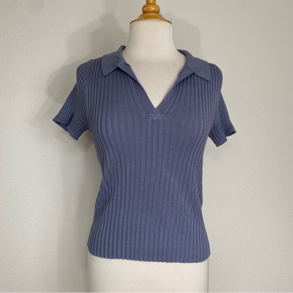 Talent Tops - Talent Blue Gray Collared Ribbed V Neck Short Sleeve Soft Stretch Shirt Size 1X